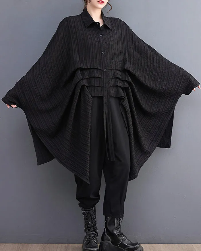 ellazhu Women's Long Batwing Sleeve Funky Inregular Hem High Low Button Down Shirt GZ127 Black