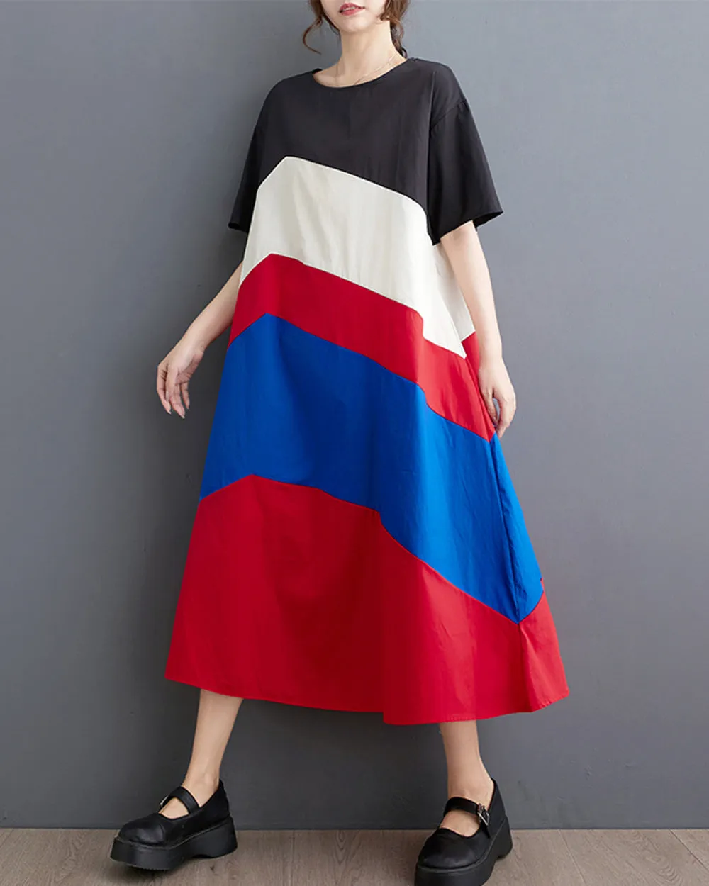 ellazhu Women's Short Sleeves Color Block Crewneck Casual Dress with Pocket GZ186