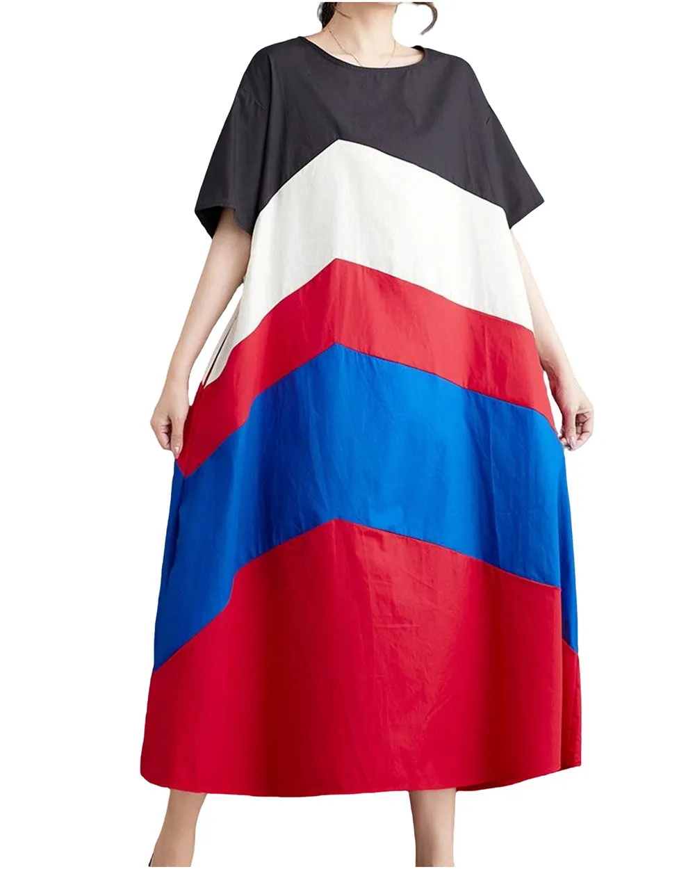 ellazhu Women's Short Sleeves Color Block Crewneck Casual Dress with Pocket GZ186