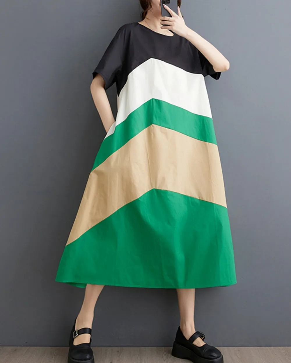 ellazhu Women's Short Sleeves Color Block Crewneck Casual Dress with Pocket GZ186