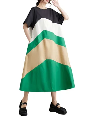 ellazhu Women's Short Sleeves Color Block Crewneck Casual Dress with Pocket GZ186