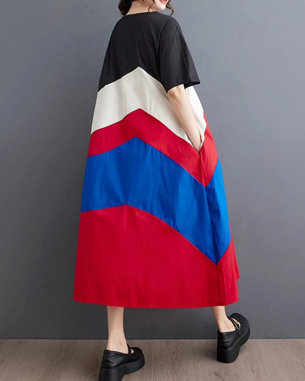 ellazhu Women's Short Sleeves Color Block Crewneck Casual Dress with Pocket GZ186