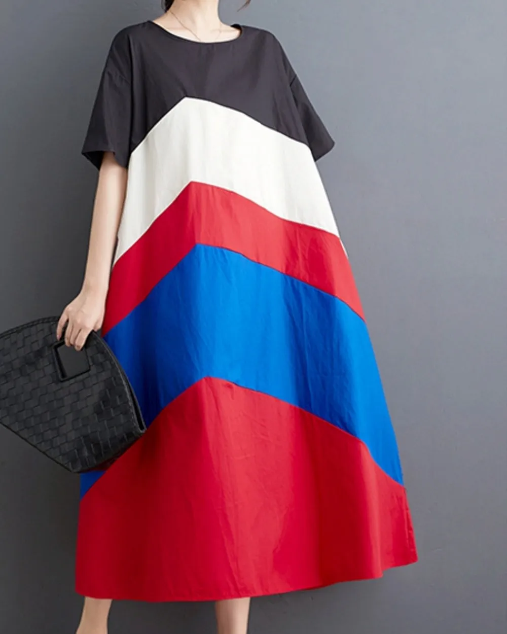 ellazhu Women's Short Sleeves Color Block Crewneck Casual Dress with Pocket GZ186