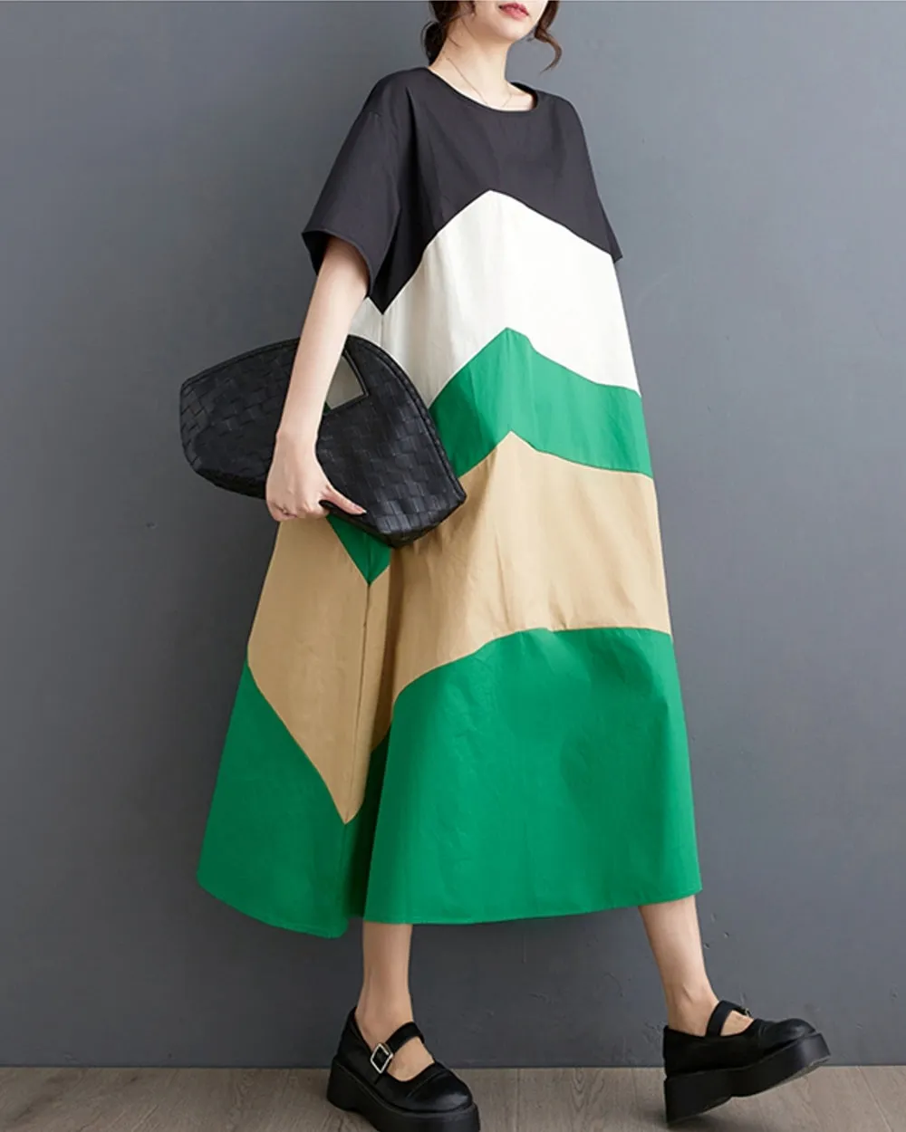 ellazhu Women's Short Sleeves Color Block Crewneck Casual Dress with Pocket GZ186