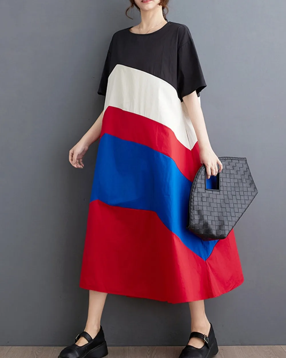 ellazhu Women's Short Sleeves Color Block Crewneck Casual Dress with Pocket GZ186