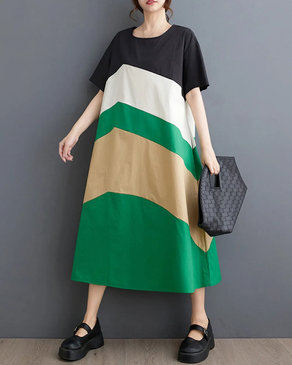 ellazhu Women's Short Sleeves Color Block Crewneck Casual Dress with Pocket GZ186