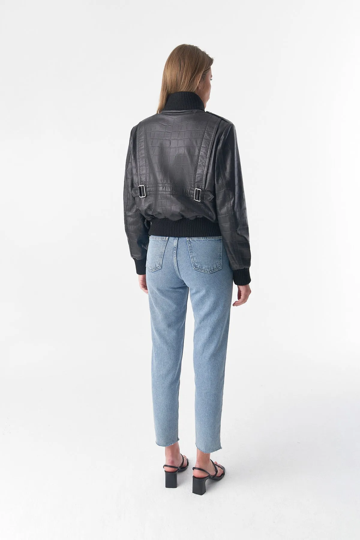 Genuine Leather Bomber Jacket, Crocodile Emboss Black