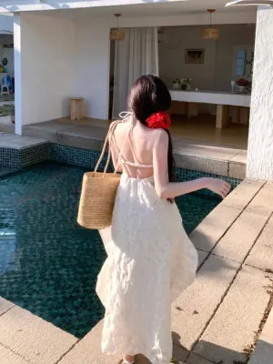 Girlary 2024 Summer Beach Backless Sexy Midi Dress Women Boho Casual Party Dress Elegant Solid Korean Fashion Sleeveless Dress Female