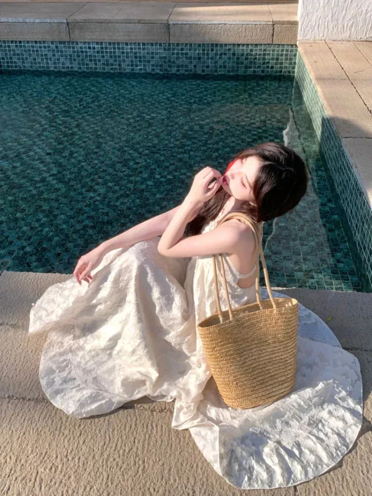 Girlary 2024 Summer Beach Backless Sexy Midi Dress Women Boho Casual Party Dress Elegant Solid Korean Fashion Sleeveless Dress Female