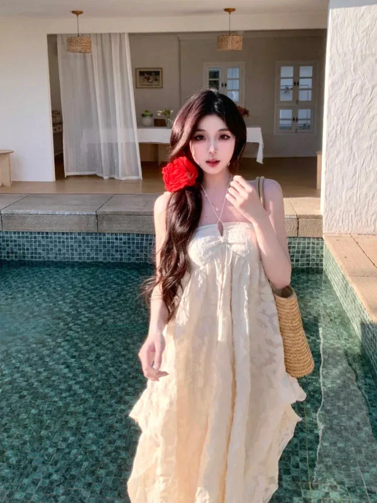 Girlary 2024 Summer Beach Backless Sexy Midi Dress Women Boho Casual Party Dress Elegant Solid Korean Fashion Sleeveless Dress Female