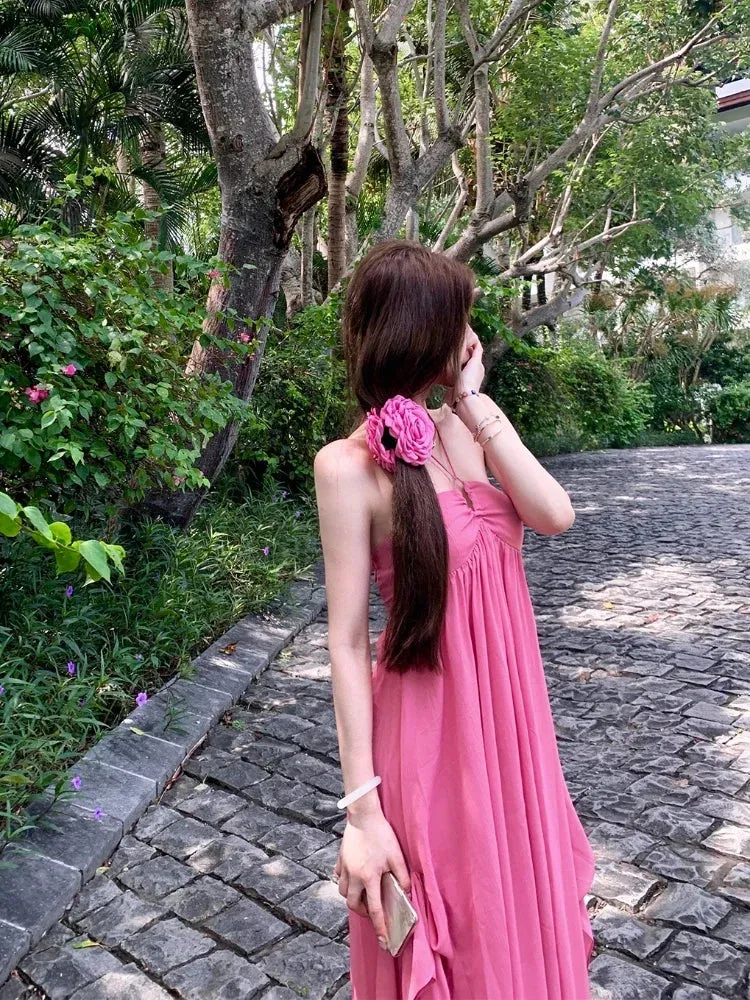 Girlary 2024 Summer Beach Backless Sexy Midi Dress Women Boho Casual Party Dress Elegant Solid Korean Fashion Sleeveless Dress Female