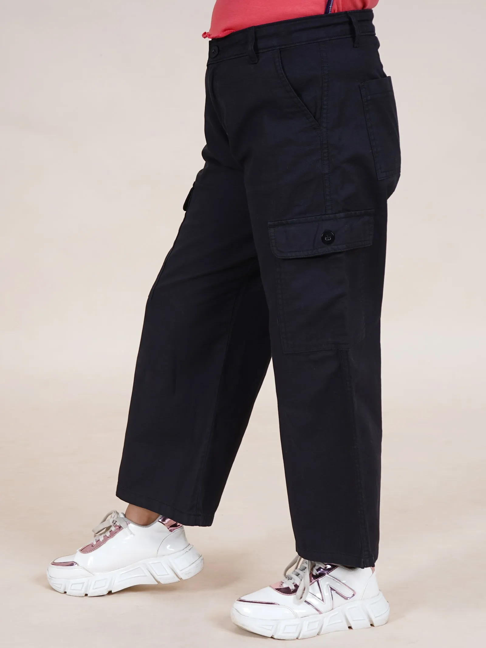 Girls Cotton Full Length Straight Fit Cargo Pant