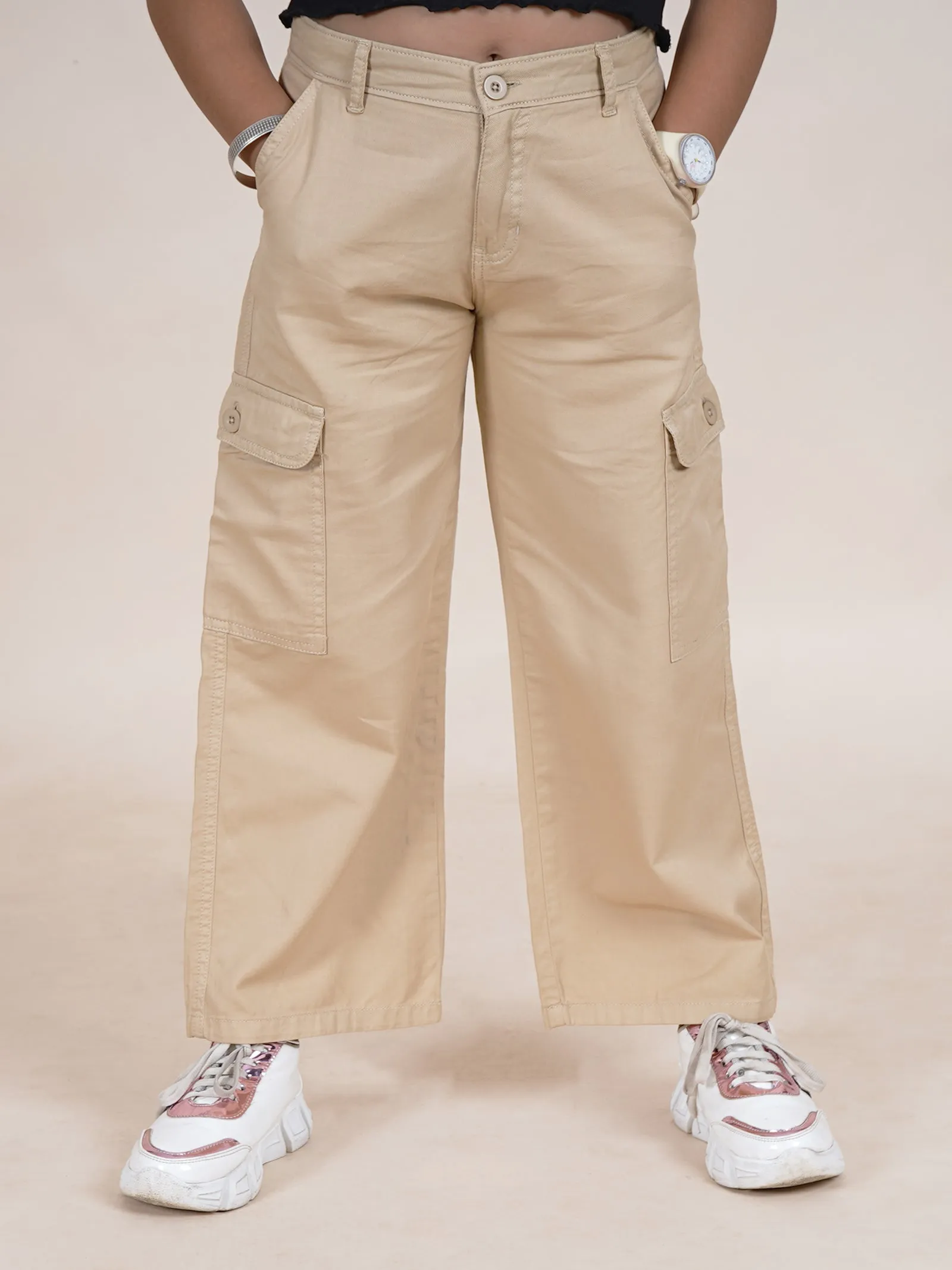 Girls Cotton Full Length Straight Fit Cargo Pant