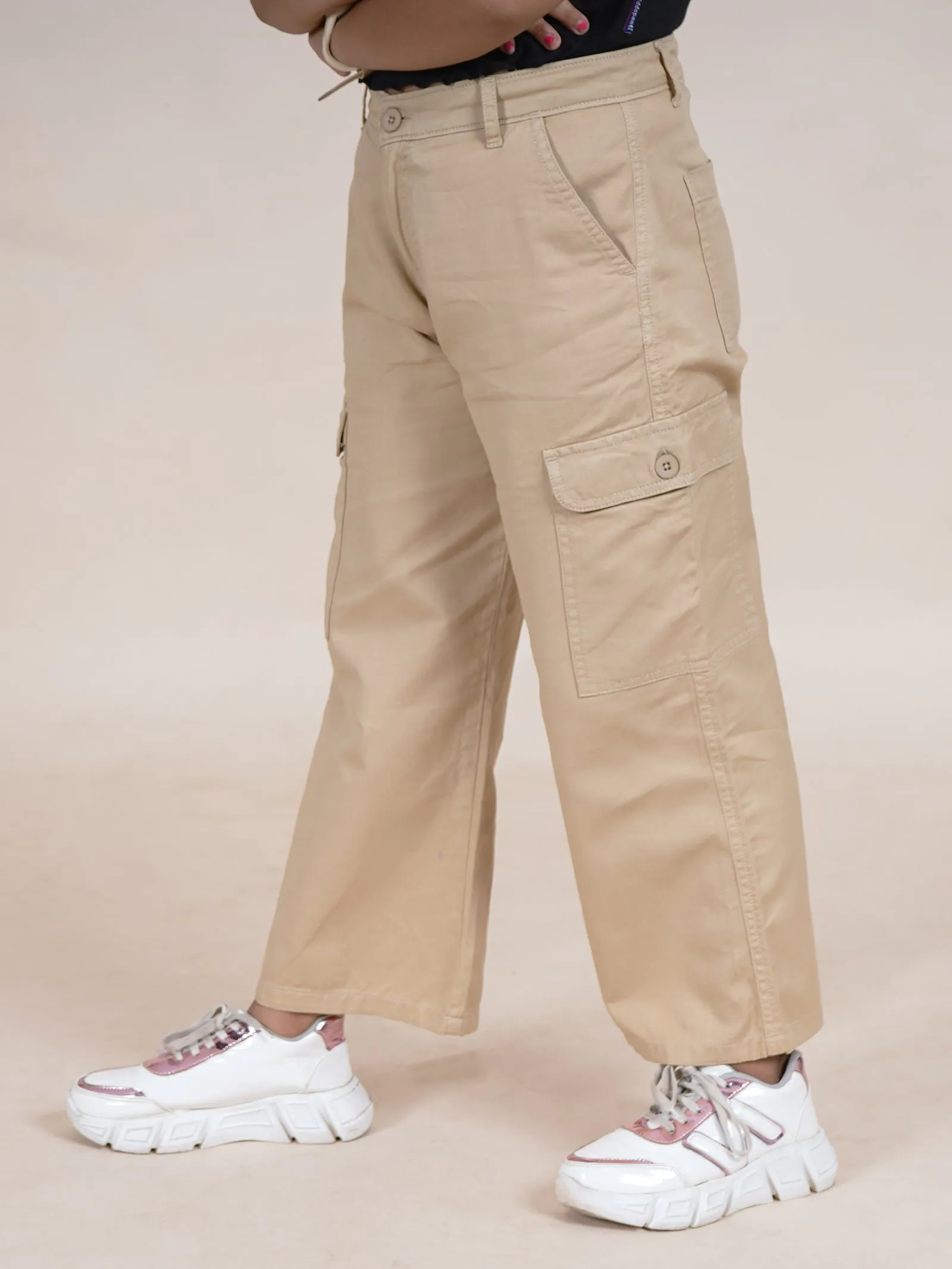 Girls Cotton Full Length Straight Fit Cargo Pant