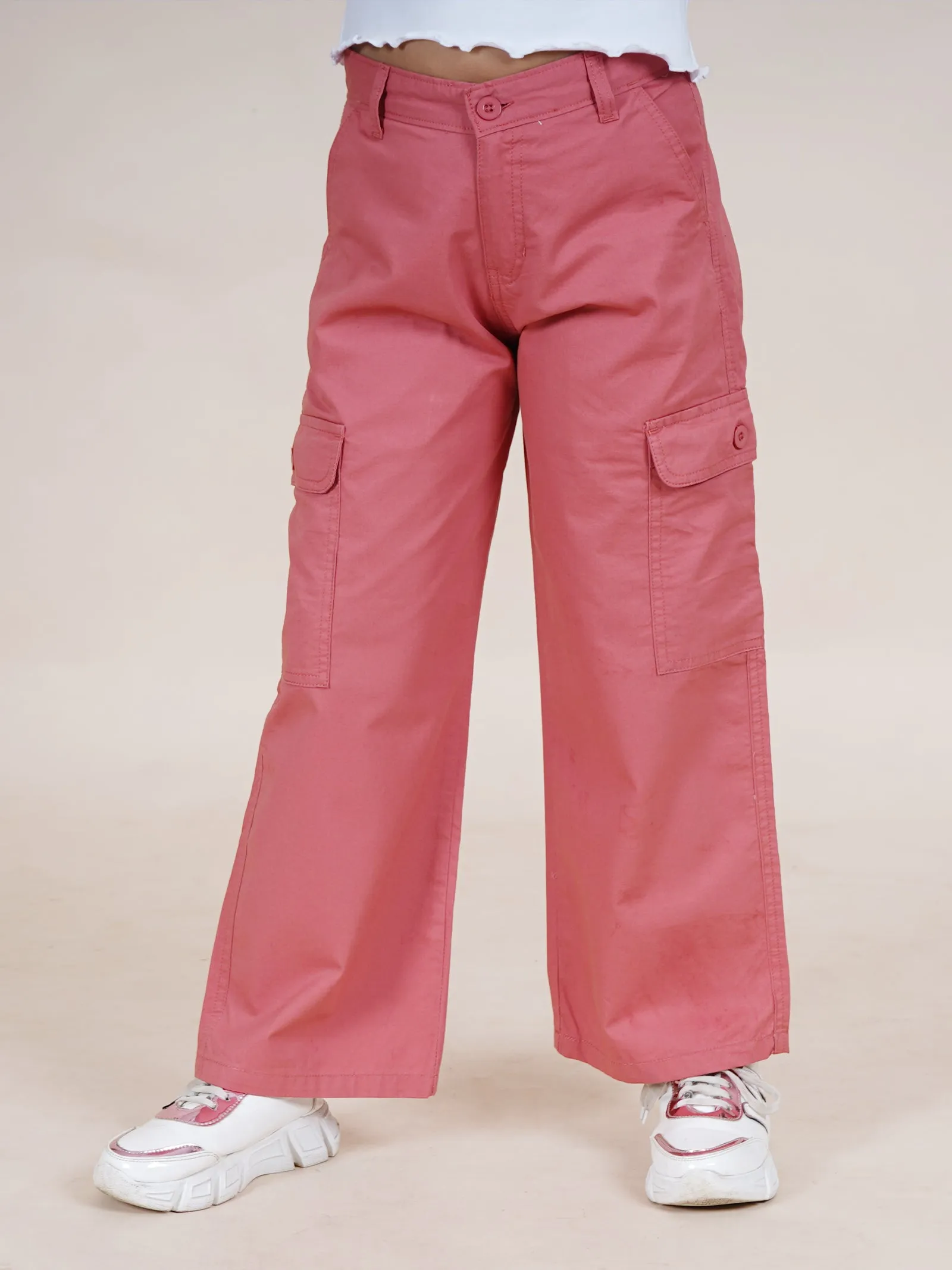 Girls Cotton Full Length Straight Fit Cargo Pant