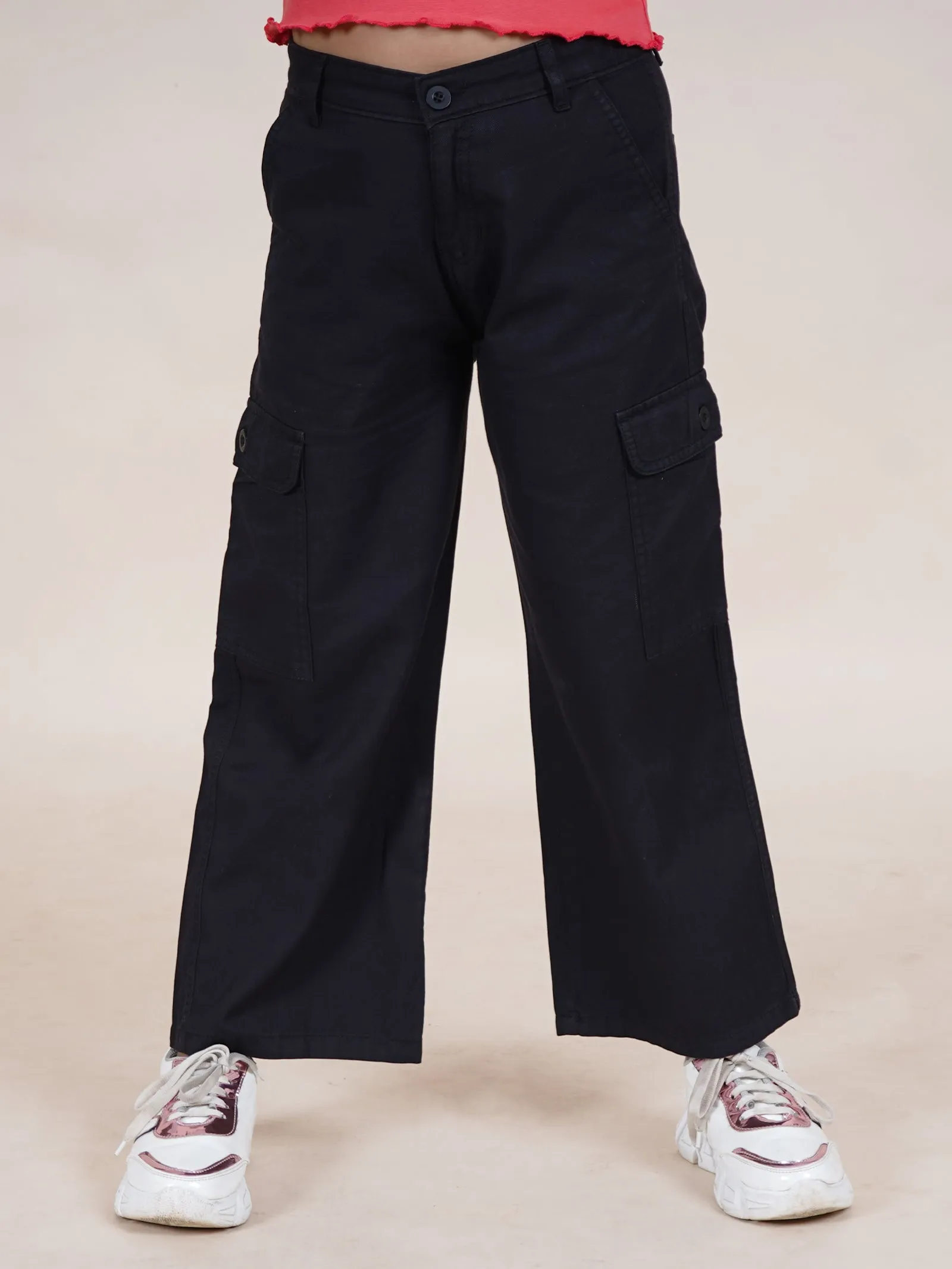 Girls Cotton Full Length Straight Fit Cargo Pant