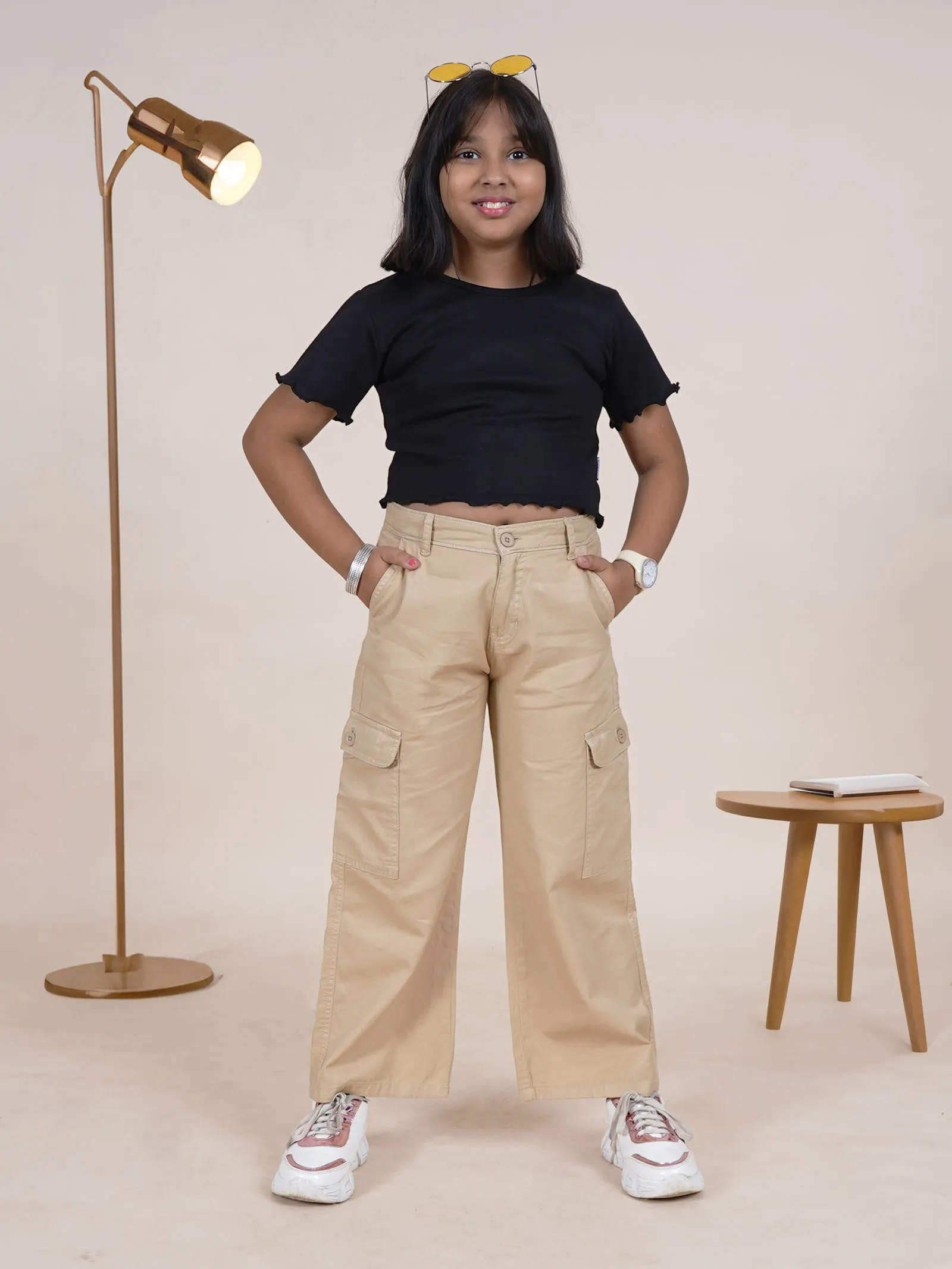 Girls Cotton Full Length Straight Fit Cargo Pant