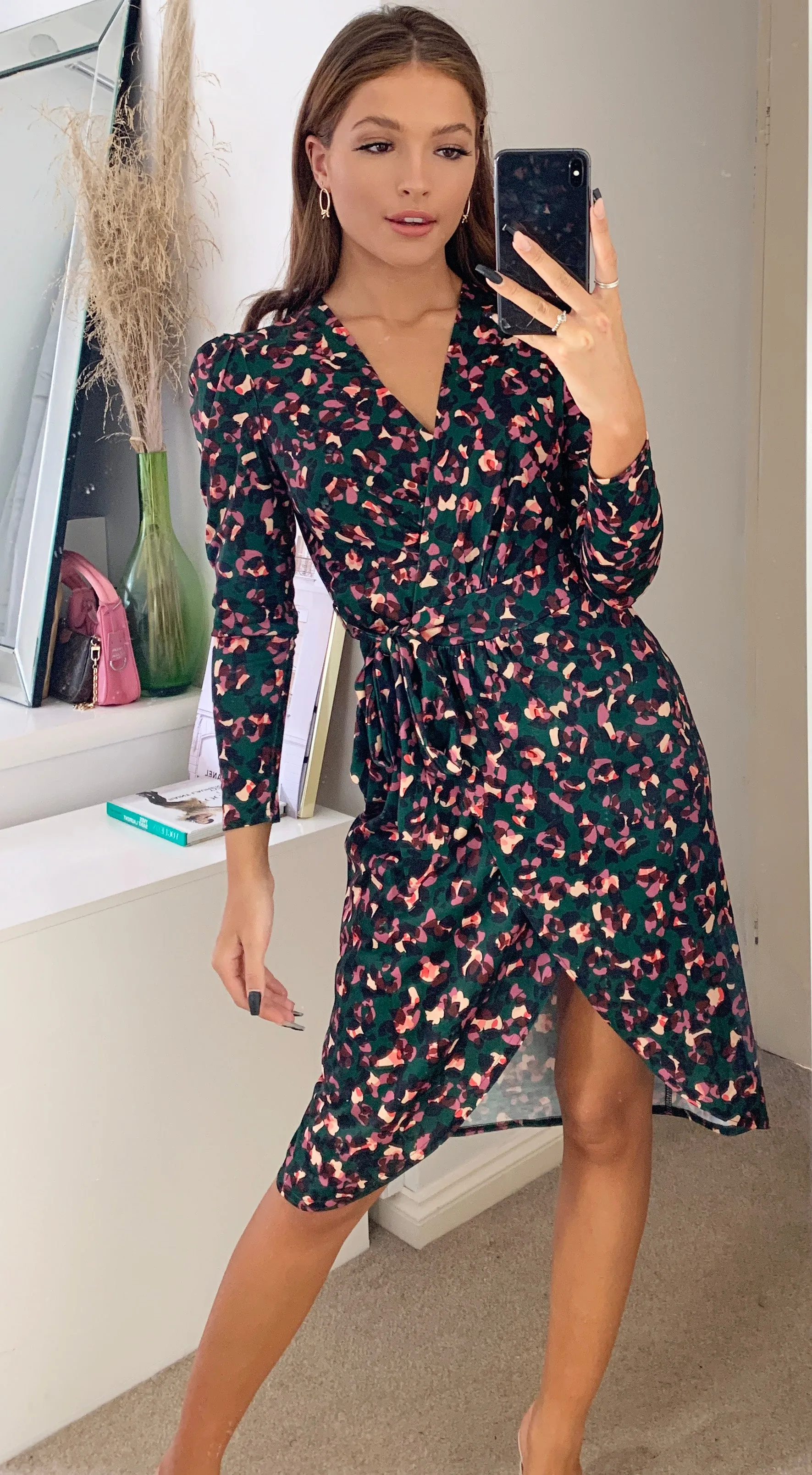 Glendale Jersey Long Sleeve Midi Wrap Dress In Green and Pink Leopard Print
