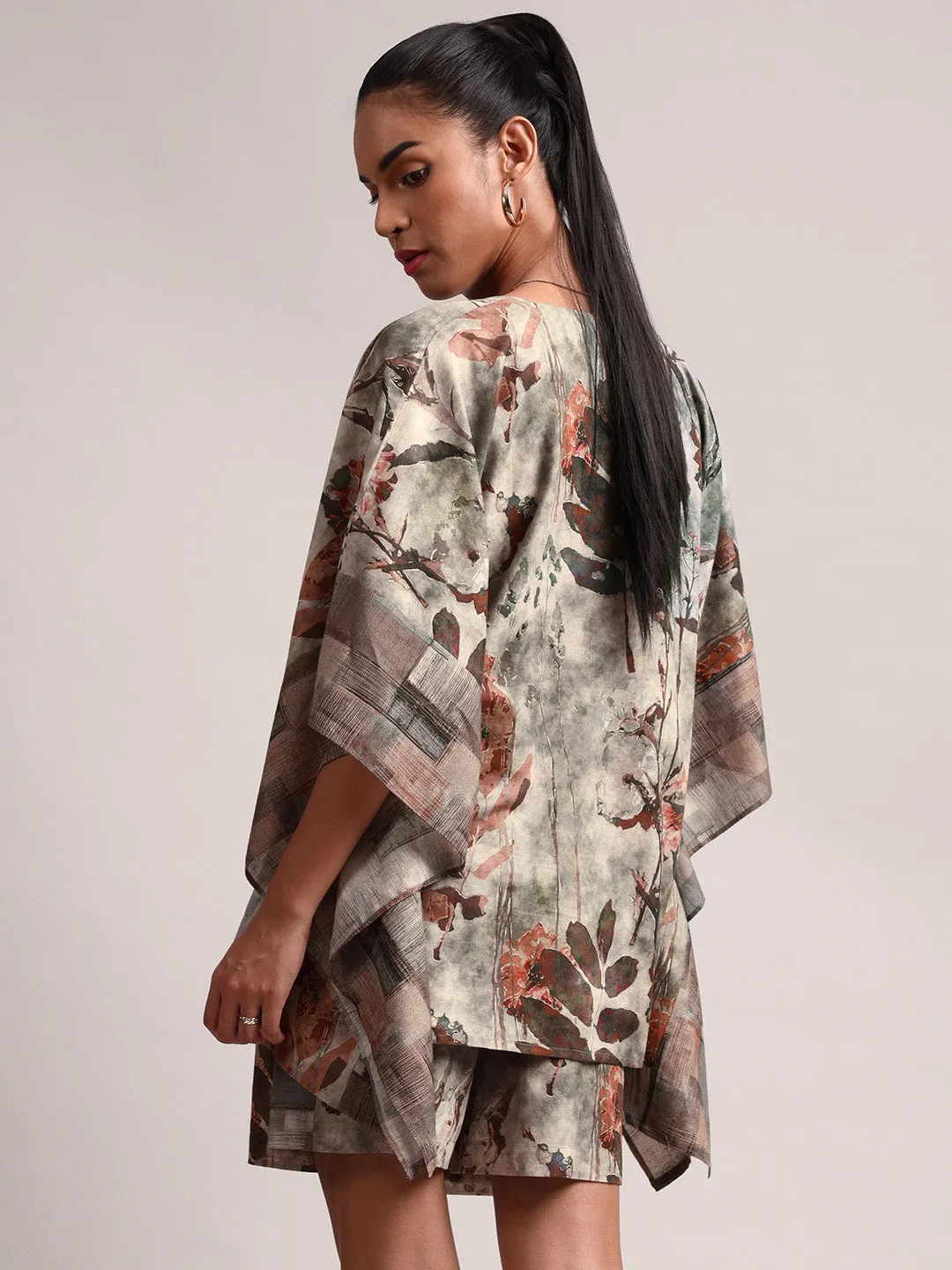 Grey Cotton Linen Floral Kaftan Co-Ord Set