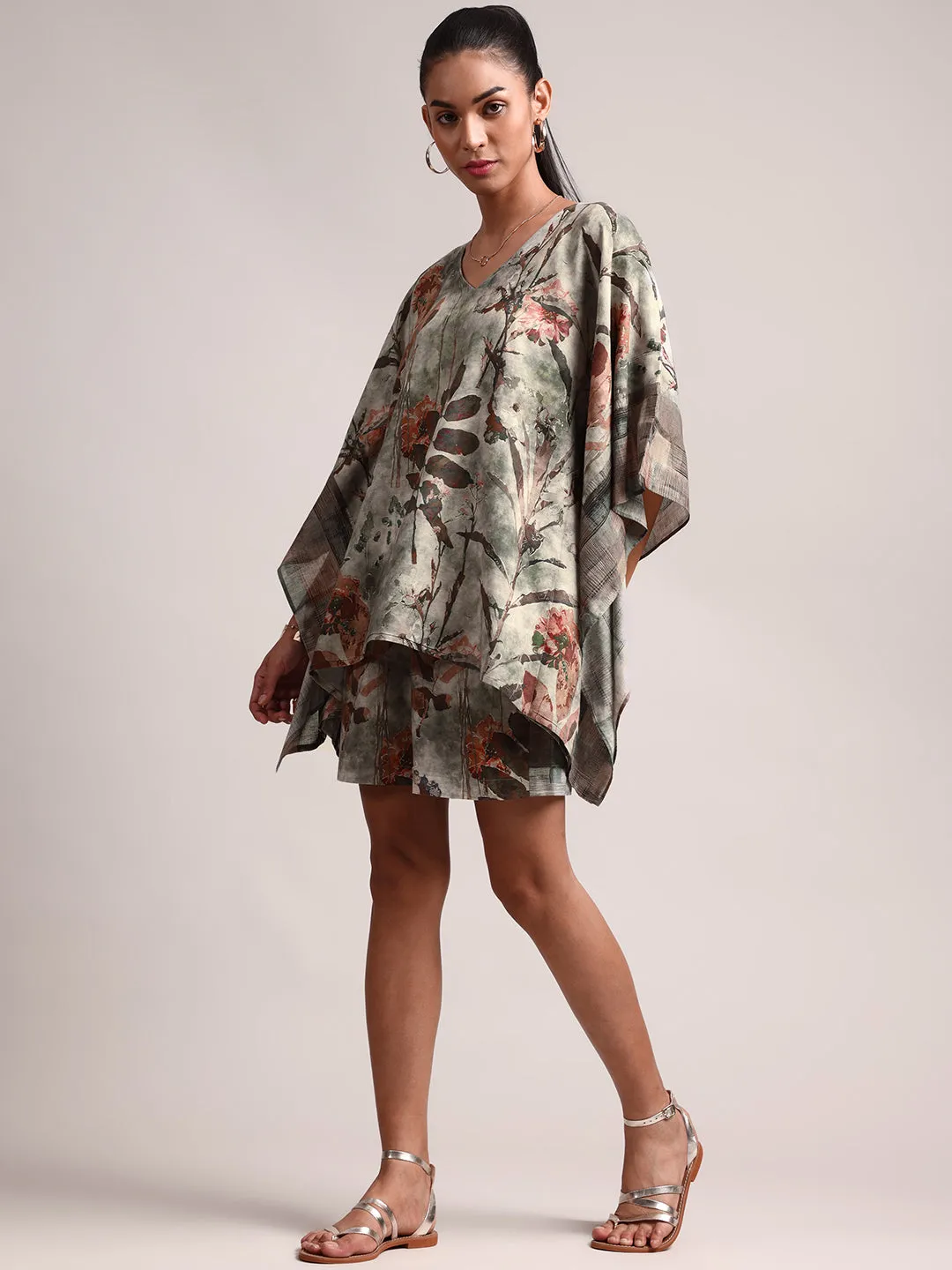 Grey Cotton Linen Floral Kaftan Co-Ord Set