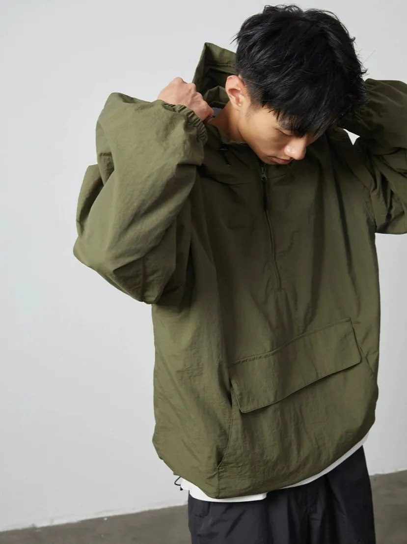 Half Zip Hooded Windbreaker Jacket with Front Pocket