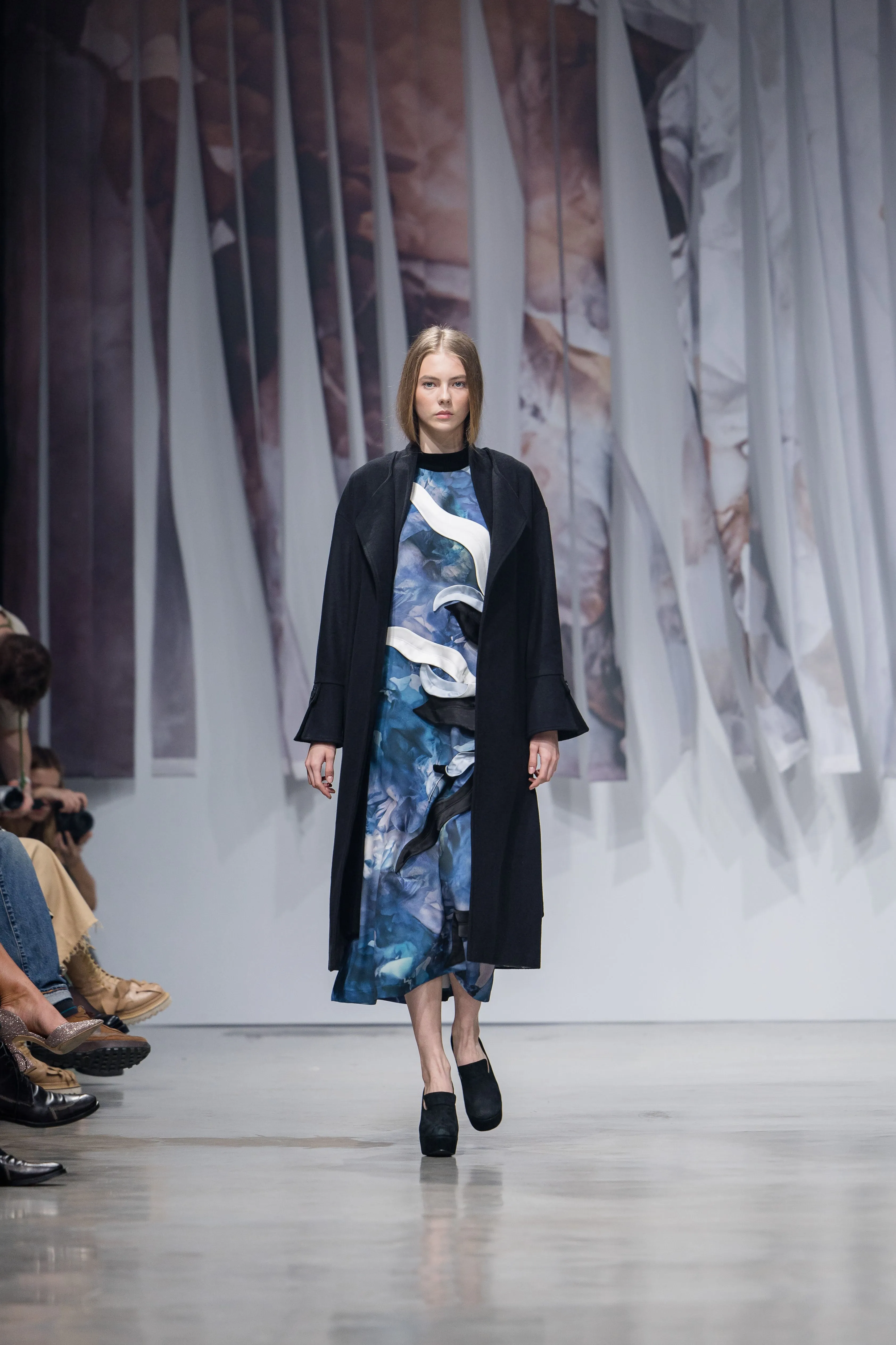 High Neck Sleeveless Dress Abstract Print Blue