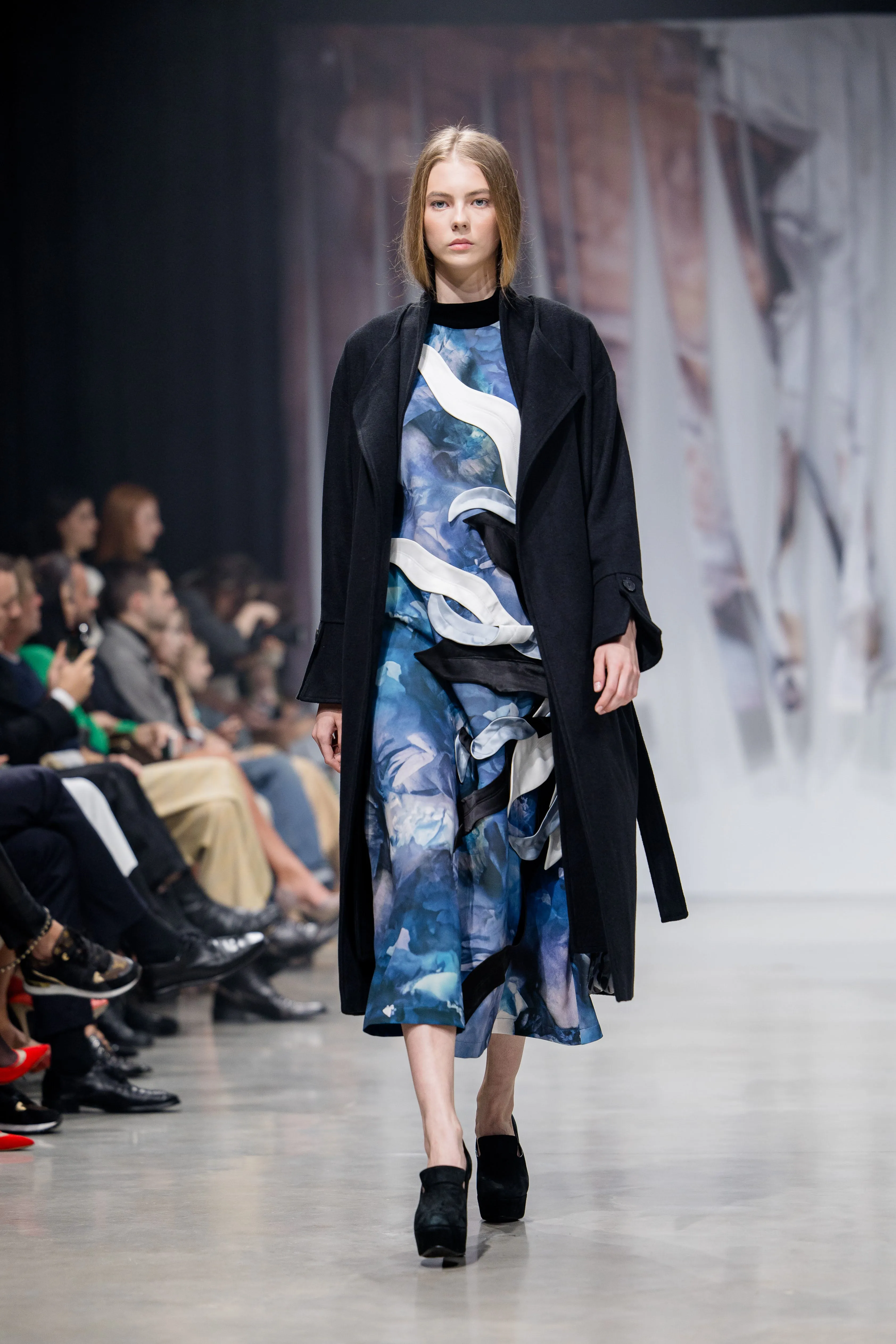 High Neck Sleeveless Dress Abstract Print Blue