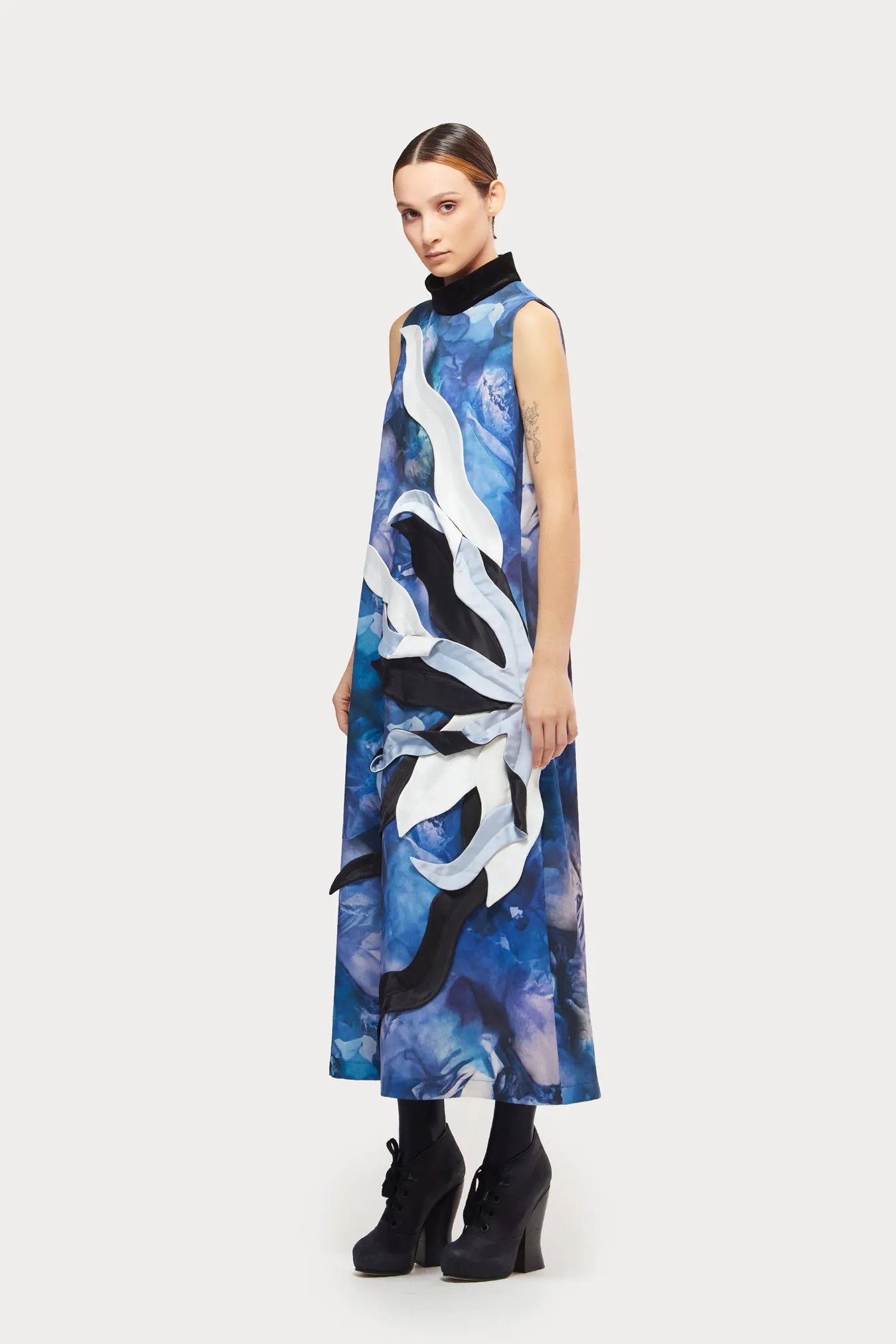 High Neck Sleeveless Dress Abstract Print Blue