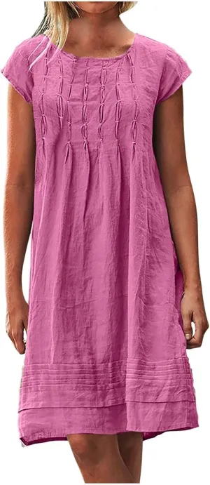 hlysgo Casual Dresses for Women Plus Size Cotton Linen Short Sleeve Mini Dress Summer Loose Comfy Pleated Knee Length Dress