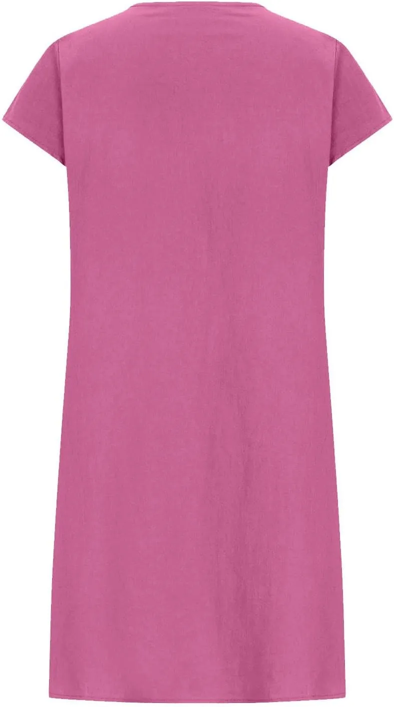 hlysgo Casual Dresses for Women Plus Size Cotton Linen Short Sleeve Mini Dress Summer Loose Comfy Pleated Knee Length Dress