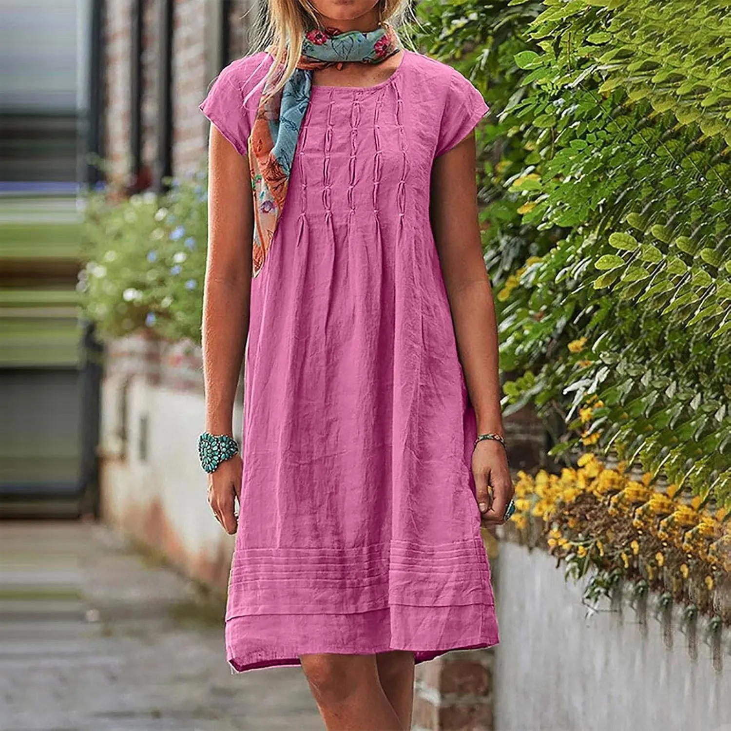 hlysgo Casual Dresses for Women Plus Size Cotton Linen Short Sleeve Mini Dress Summer Loose Comfy Pleated Knee Length Dress