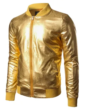 JOGAL Mens Metallic Nightclub Styles Zip Up Varsity Baseball Bomber Jacket Costume