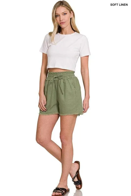 Linen Frayed Hem Drawstring Shorts With Pockets