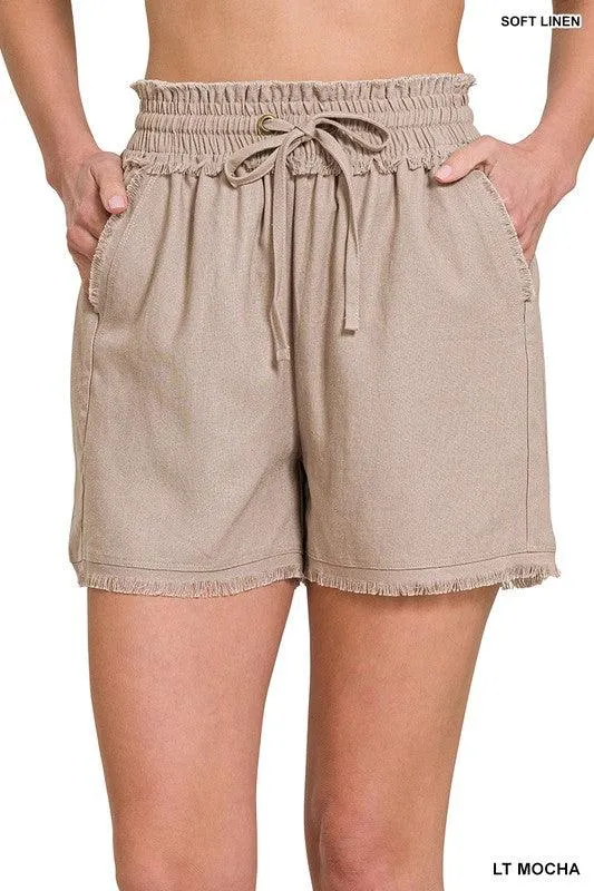 Linen Frayed Hem Drawstring Shorts With Pockets
