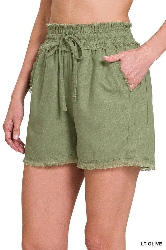 Linen Frayed Hem Drawstring Shorts With Pockets