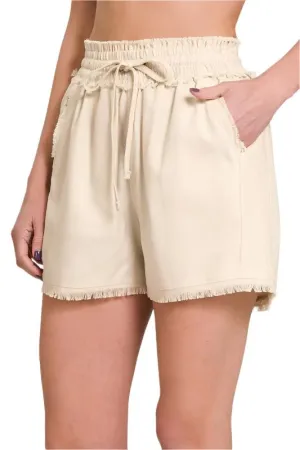 Linen Frayed Hem Drawstring Shorts With Pockets