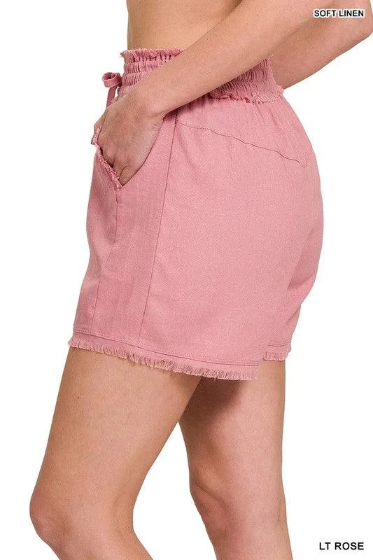 Linen Frayed Hem Drawstring Shorts With Pockets