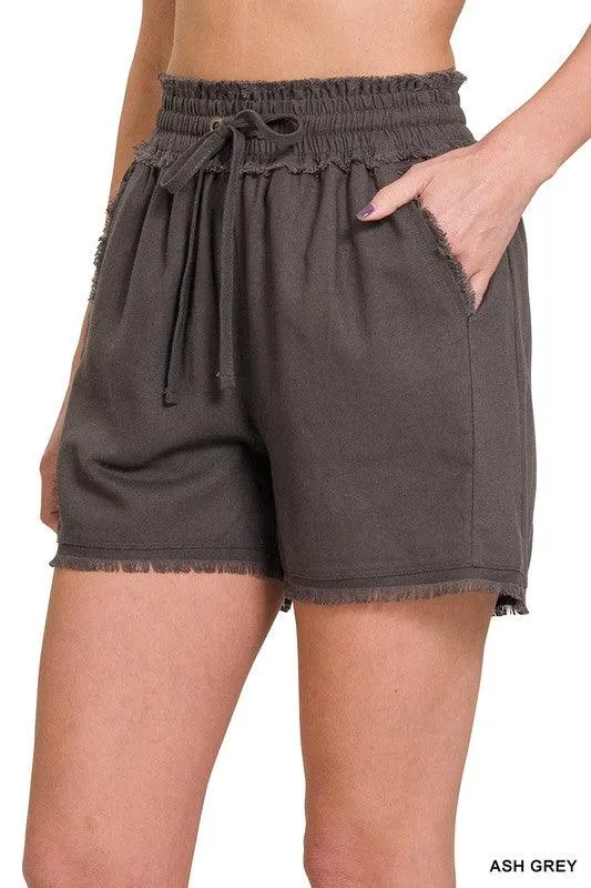 Linen Frayed Hem Drawstring Shorts With Pockets