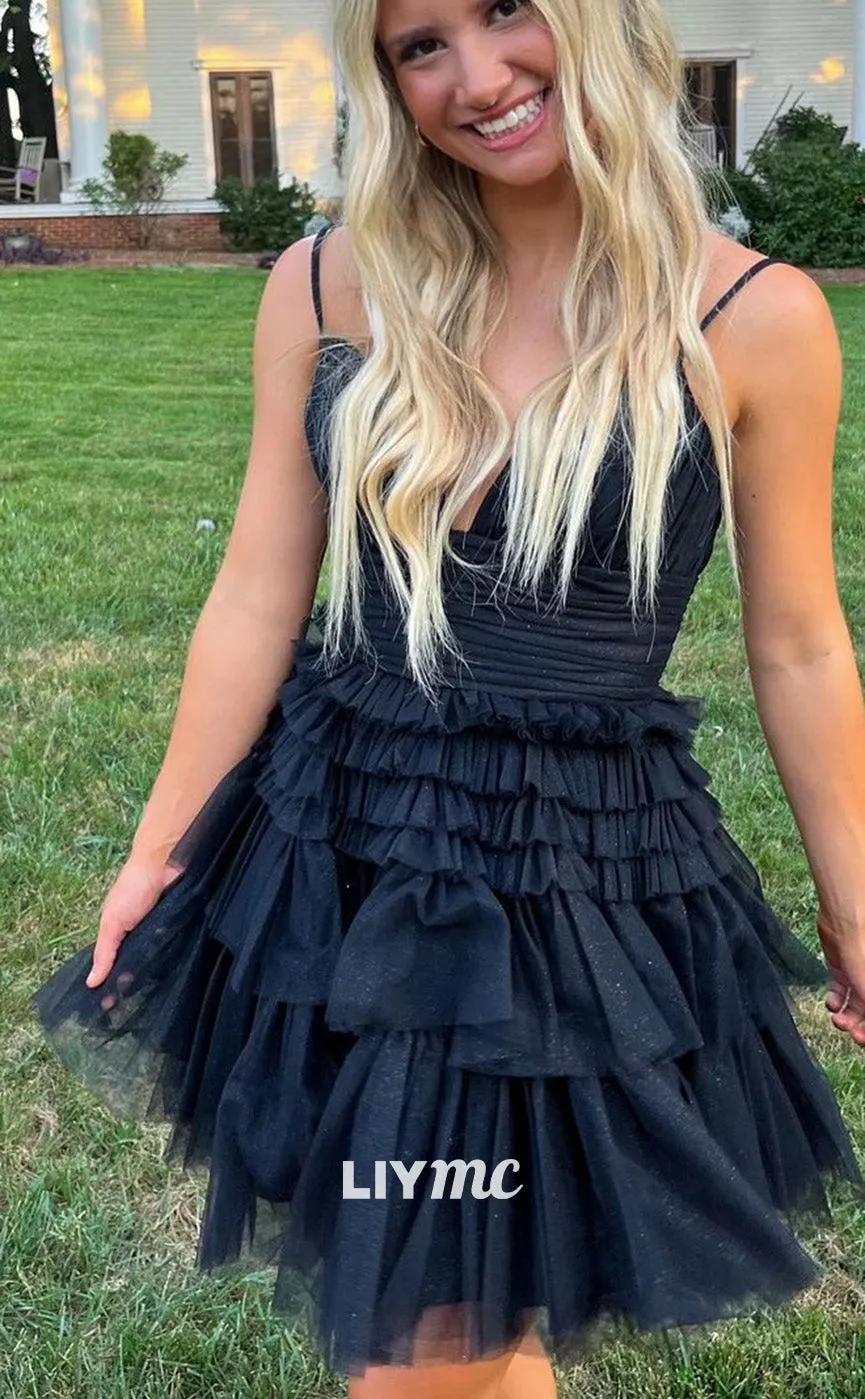 LY078 - V-Neck Sleeveless Tulle A-Line Short Homecoming Graduation Dress