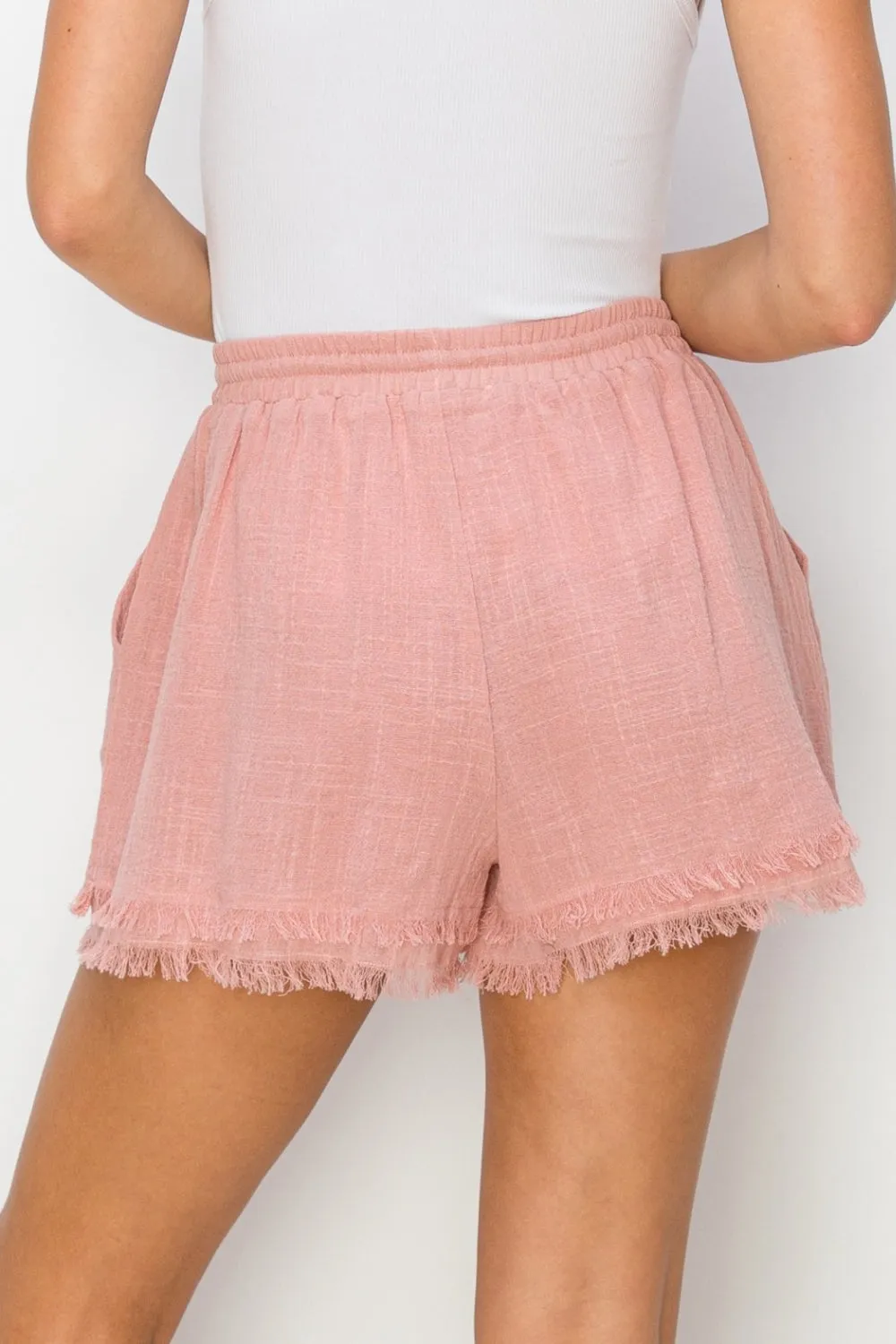 Mauve Drawstring Frayed Shorts