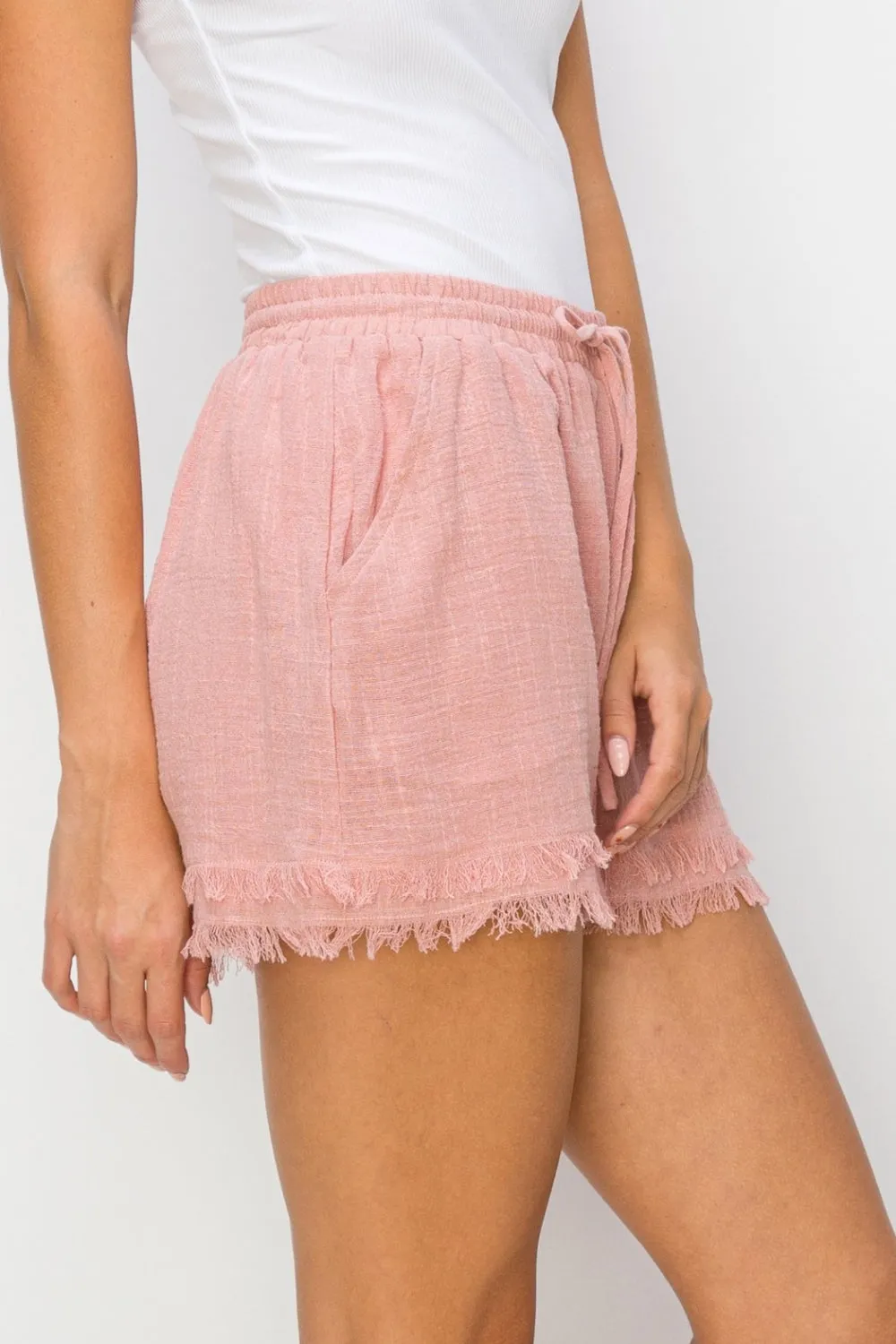 Mauve Drawstring Frayed Shorts
