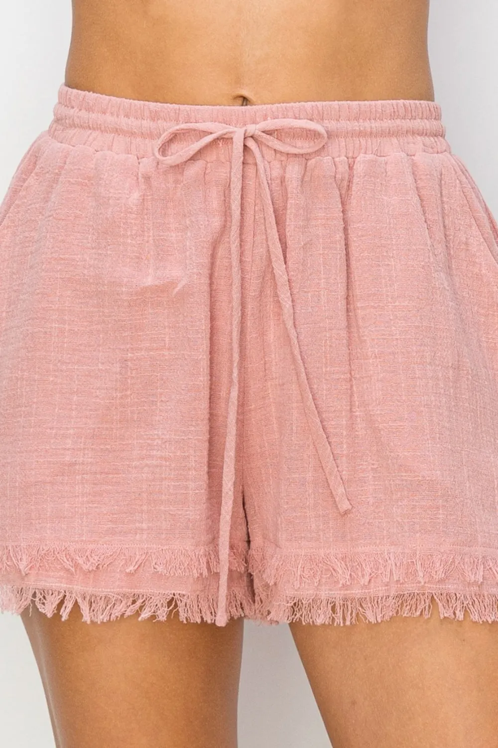 Mauve Drawstring Frayed Shorts