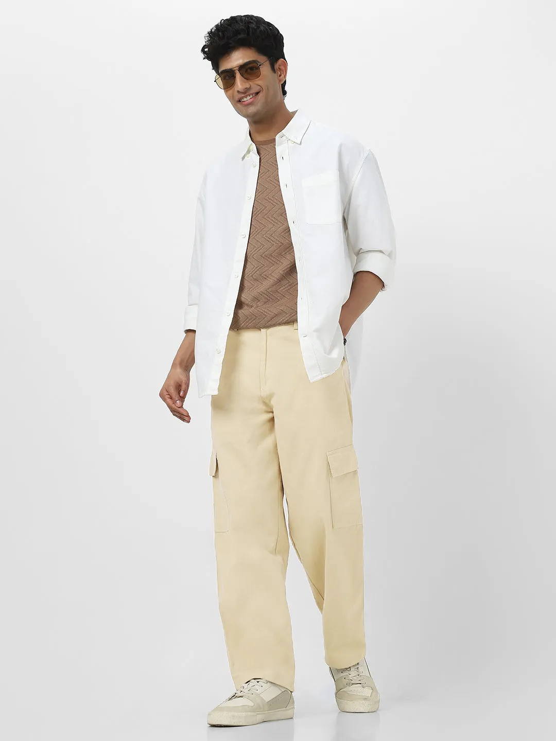 Men's Beige Loose Baggy Fit Solid Cargo Chino Pant with 6 Pockets Non-Stretchable