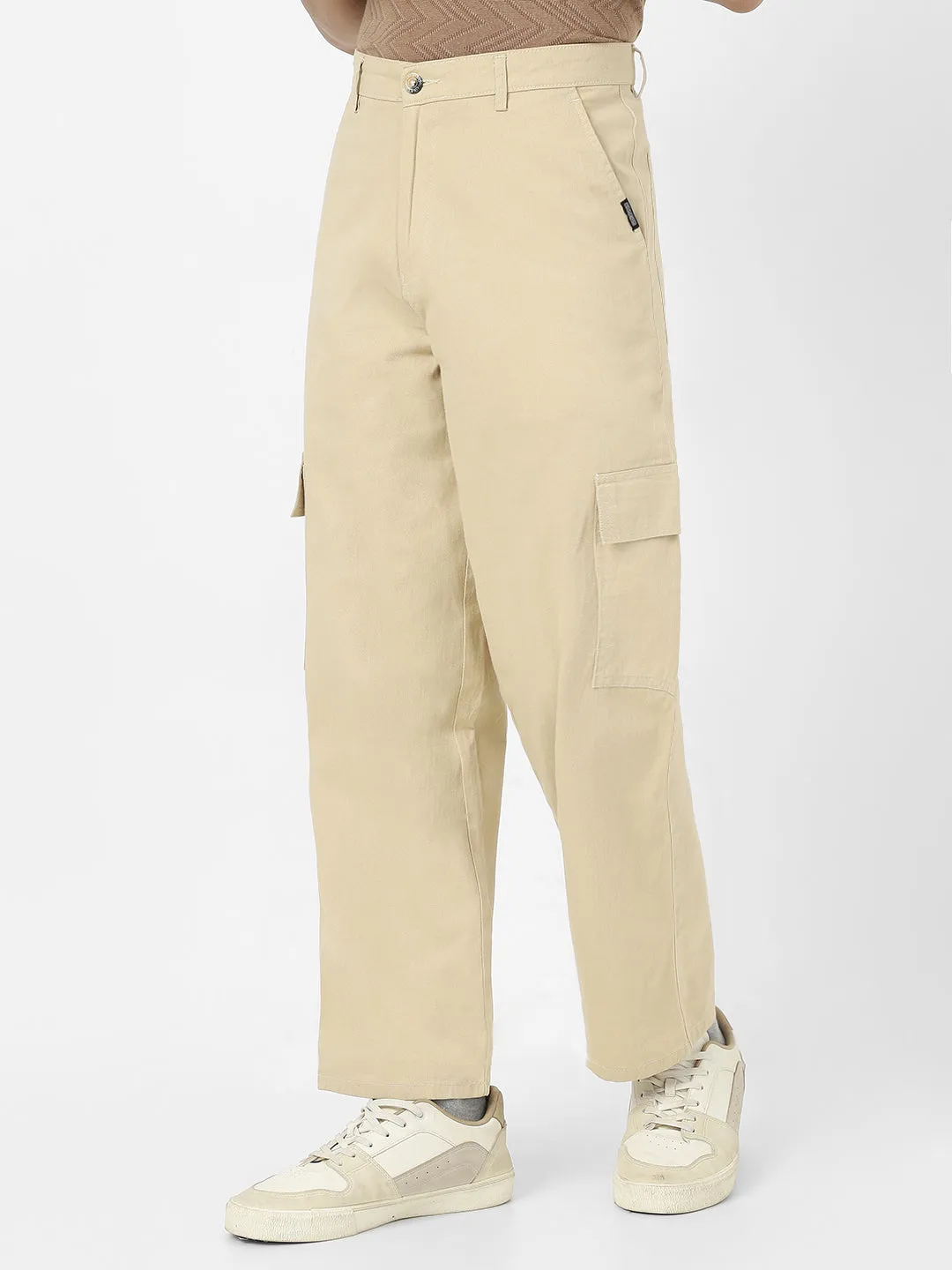 Men's Beige Loose Baggy Fit Solid Cargo Chino Pant with 6 Pockets Non-Stretchable