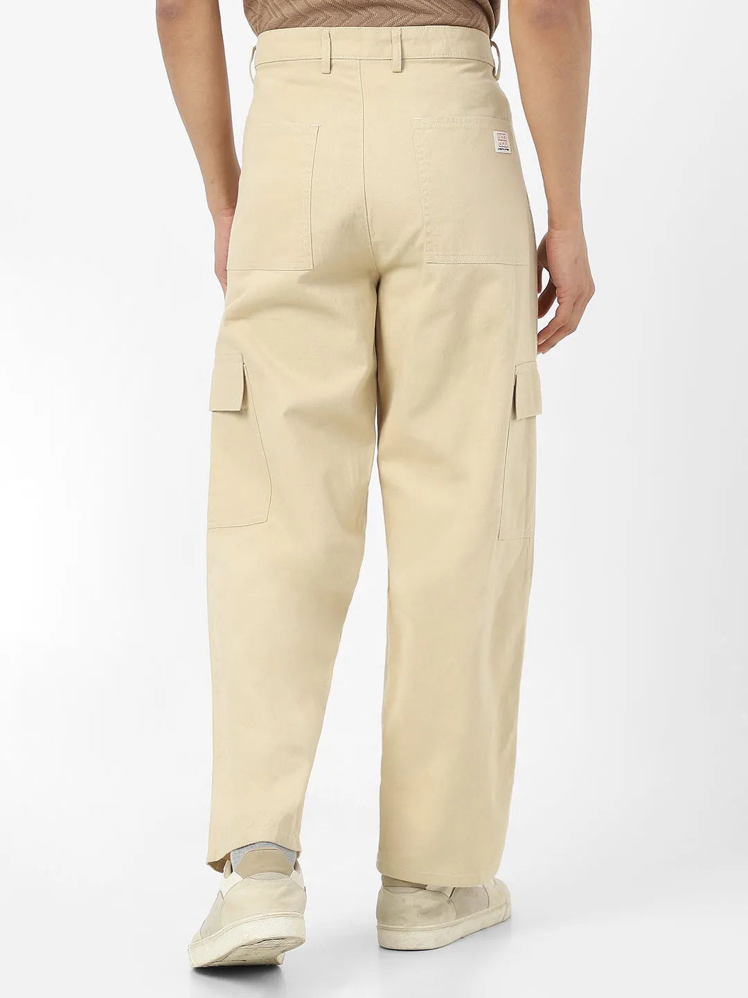 Men's Beige Loose Baggy Fit Solid Cargo Chino Pant with 6 Pockets Non-Stretchable