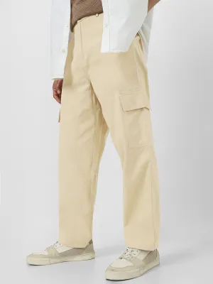 Men's Beige Loose Baggy Fit Solid Cargo Chino Pant with 6 Pockets Non-Stretchable