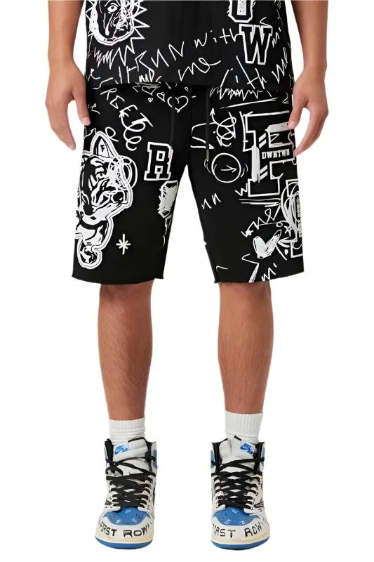 Mens Black All Over Hand Doodling Puff Print Shorts