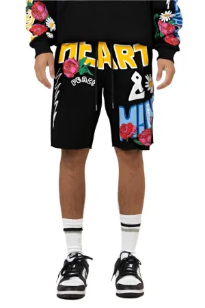 Mens Black Flower Puff Print Shorts