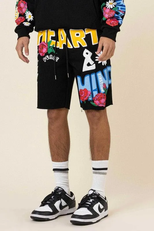 Mens Black Flower Puff Print Shorts