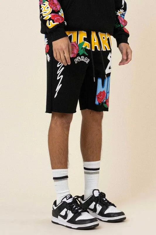 Mens Black Flower Puff Print Shorts